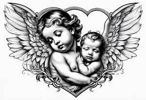 Baby Angel holding heart, side way flying with name Leah tattoo idea