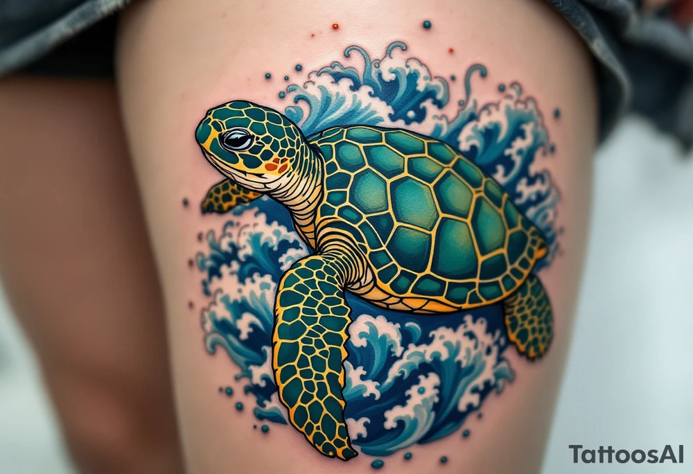A detailed sea turtle tattoo with a jade-green and deep teal shell patterned with golden hexagons, swimming through swirling blue ocean waves with soft white highlights and tiny coral-red accents. tattoo idea