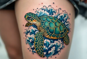 A detailed sea turtle tattoo with a jade-green and deep teal shell patterned with golden hexagons, swimming through swirling blue ocean waves with soft white highlights and tiny coral-red accents. tattoo idea