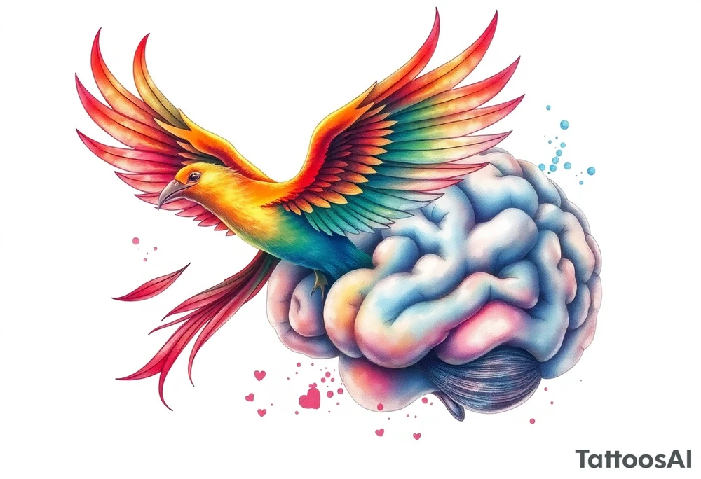 Colorful phoenix flying out of a realistic brain tattoo idea