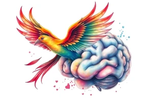 Colorful phoenix flying out of a realistic brain tattoo idea