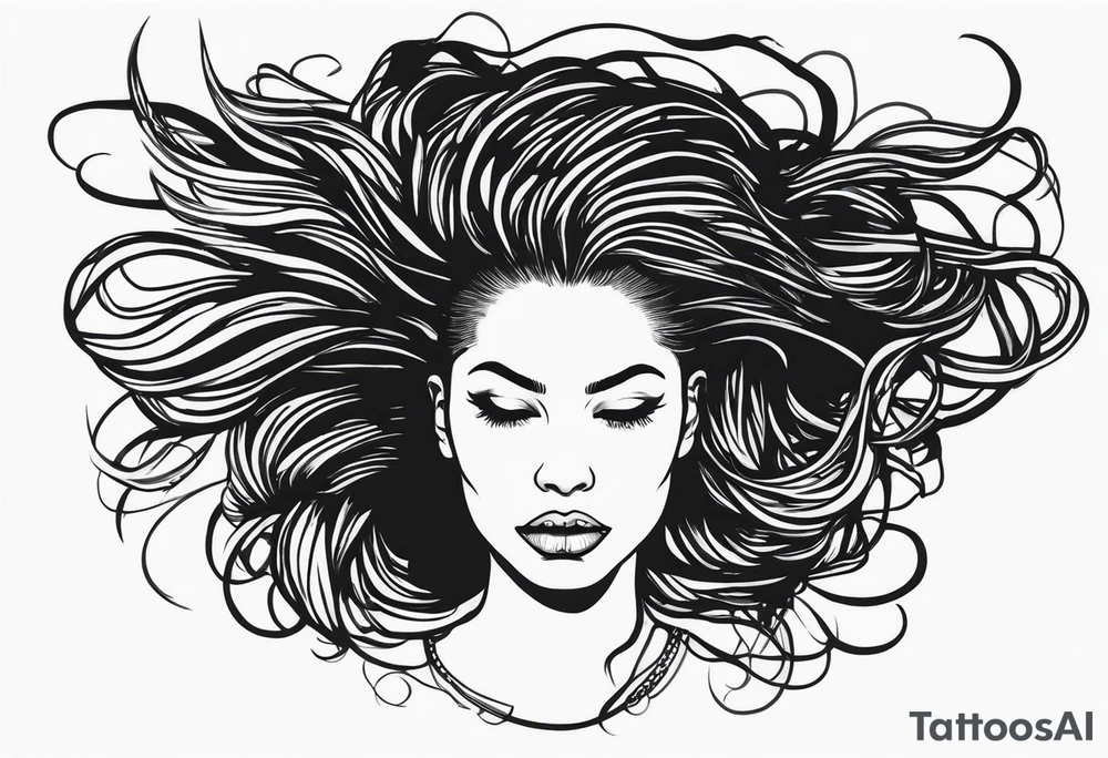 Draw a women head with real dread locks flying in the air, all hair should be to see tattoo idea