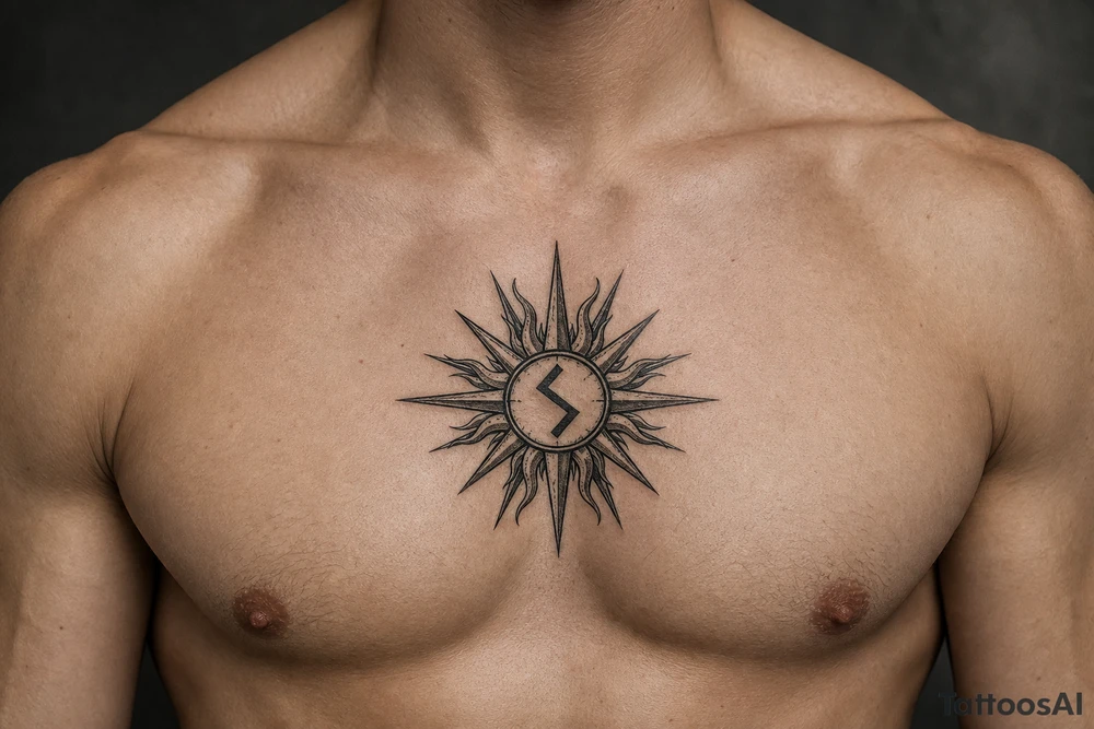 sun with the strength symbol in the middle tattoo idea