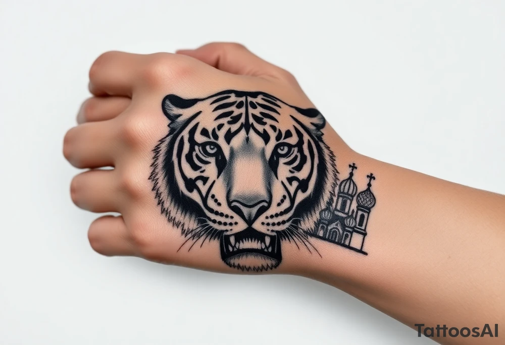 Realistic tiger face on the back of the hand with strong contrast and fine detail. Forearm features a highly detailed Russian Orthodox cathedral with onion domes and crosses, done in fine line, engraving-like style. Cohesive composition, black ink only, no color, high contrast, slightly aged, documentary-style, plain light background. tattoo idea
