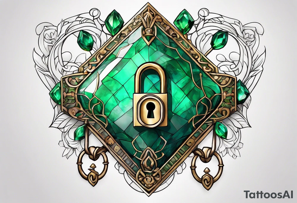 Lock and key with emerald stone tattoo idea