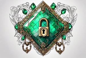 Lock and key with emerald stone tattoo idea