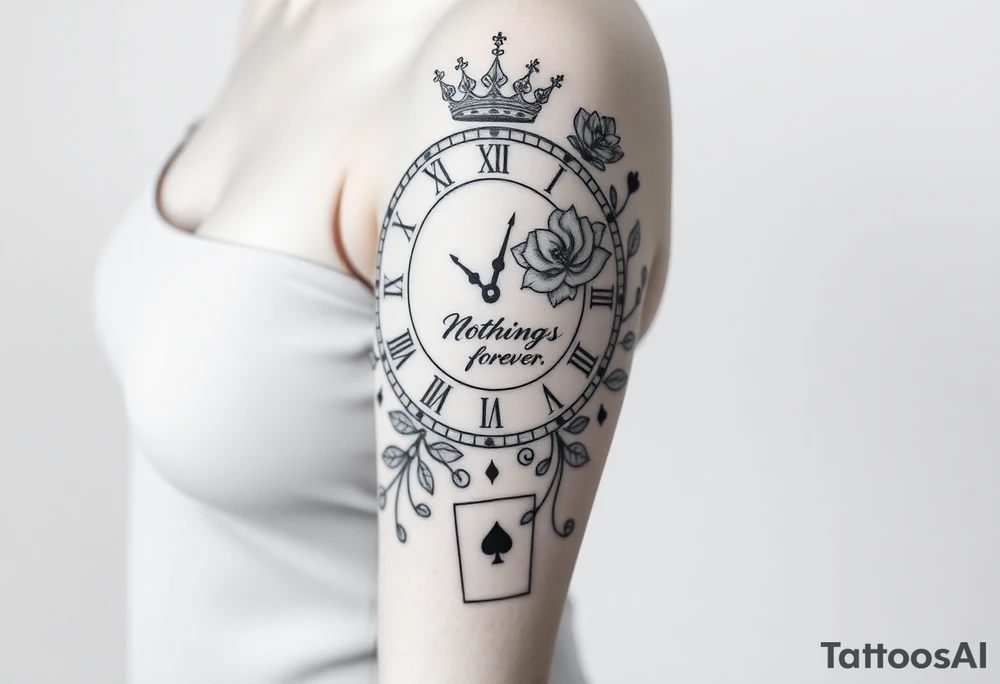 Roman clock with roses and a crown,  a quote that says nothings forever. and on the bottom a deck of cards tattoo idea