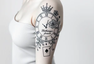 Roman clock with roses and a crown,  a quote that says nothings forever. and on the bottom a deck of cards tattoo idea
