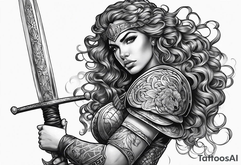 Spanish woman valkyrie curly hair half with sword sleeve arm tattoo idea