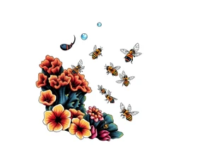 Coral reef scene with honey bees swimming tattoo idea