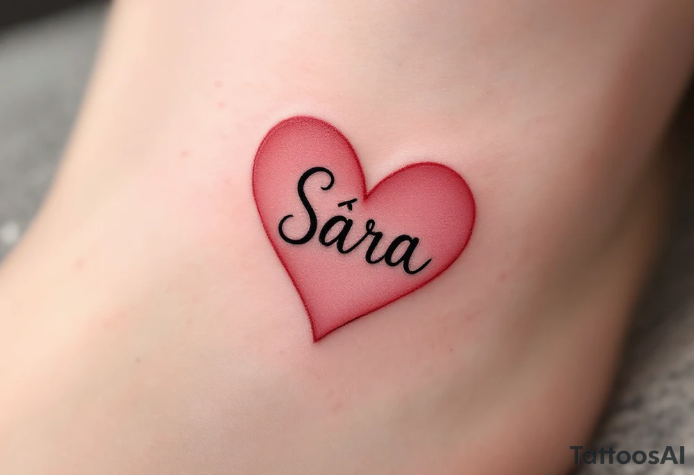A heart shaded in pinky with Sára in a handwritten-style font inside. tattoo idea