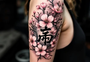 Cherry Blossom with Kanji – A few soft pink blossoms and brown branches, surrounding a black Kanji symbol representing “love,” “strength,” or “rebirth.” tattoo idea