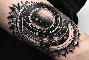 Wrist tattoo as a bracelet and inside of this bracelet there are galax, stars, planets tattoo idea