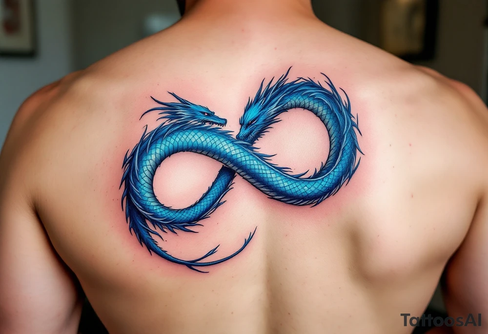 The design features a dragon, coiled in the shape of the infinity symbol (sideways number "8"). The dragon is depicted eating its own tail, symbolizing eternity and continuity, inspired by the Ouroboros.

Details:

The dragon's body has vibrant, glossy blue scales, with a smooth and polished texture.
It maintains a clean, balanced shape in the infinity figure, with sharp details and elegant flow.
Style:

The focus remains on the dragon's form, with no additional background elements to keep the design minimal and modern. tattoo idea