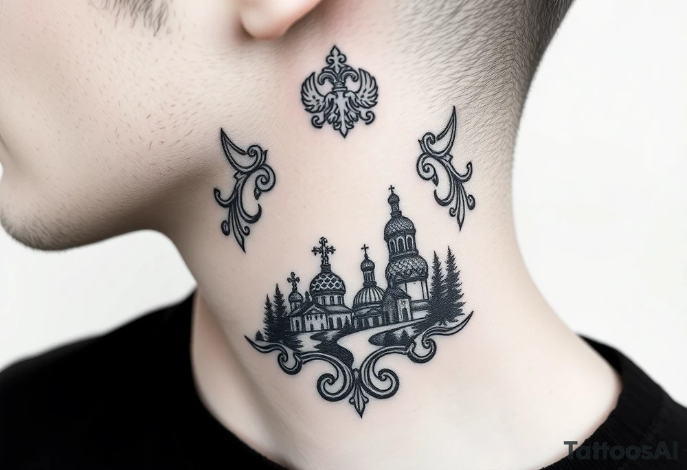 Traditional authentic Russian coat of arms with a Christian orthodox virgin marry in the middle and silhouette in a Russian wilderness Christian orthodoxy dome church village setting on the side of my neck tattoo idea