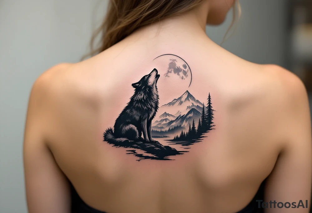 lone wolf howling at full moon with northern lights backdrop tattoo idea