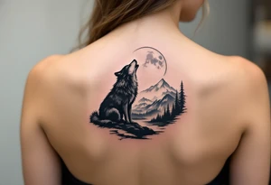 lone wolf howling at full moon with northern lights backdrop tattoo idea