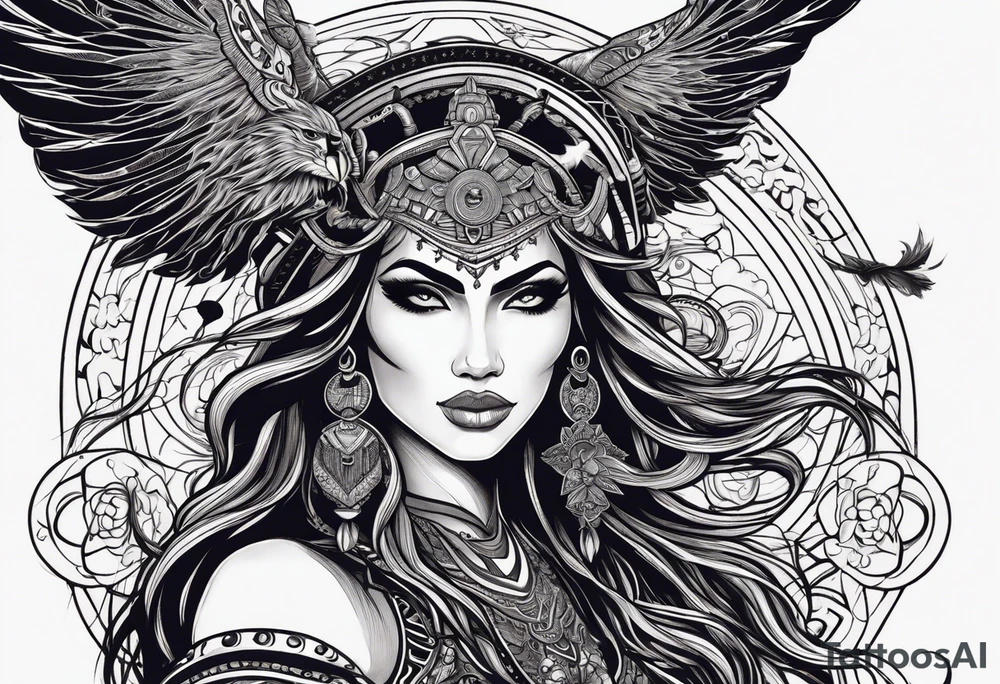 black kali, goddess pirate, alien, angel, pachamama, valkrye, warrior, flying, skull, lotus azul, wing, eagle, zenza resonance, stars, 5D, anahata chakra, death, durga, riding on a tiger, flying lady tattoo idea