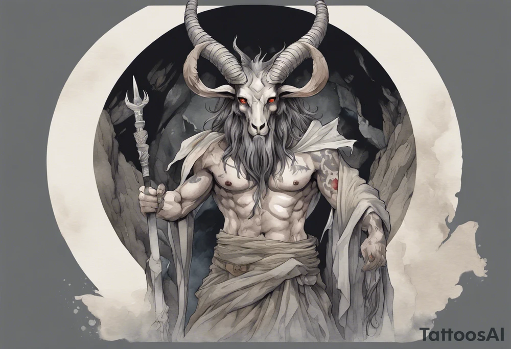 a broad-shouldered Baphomet wearing a grey tunic standing before a cave tattoo idea
