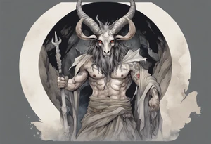 a broad-shouldered Baphomet wearing a grey tunic standing before a cave tattoo idea