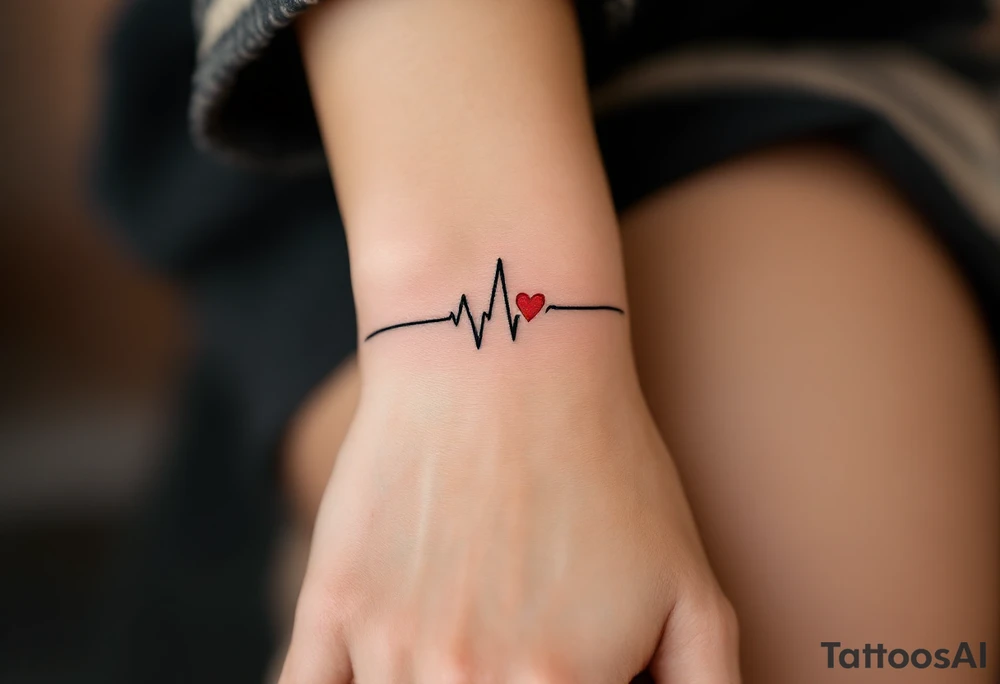 A black EKG line running across the wrist with a small red heart at the peak, symbolizing life and love. tattoo idea