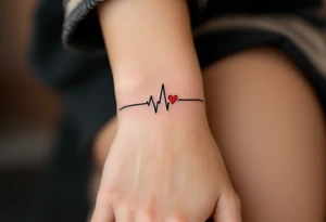 A black EKG line running across the wrist with a small red heart at the peak, symbolizing life and love. tattoo idea