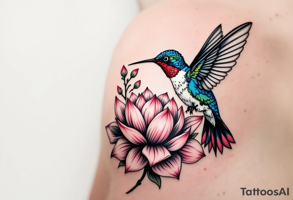 A Hummingbird Drinking from a Lotus Flower (only red, blue and black are possible colors) tattoo idea