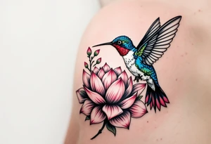 A Hummingbird Drinking from a Lotus Flower (only red, blue and black are possible colors) tattoo idea