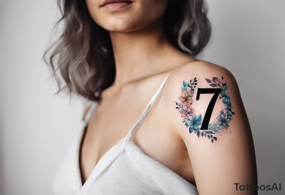 Shoulder tattoo of colorful flowers surrounding the number 7 tattoo idea