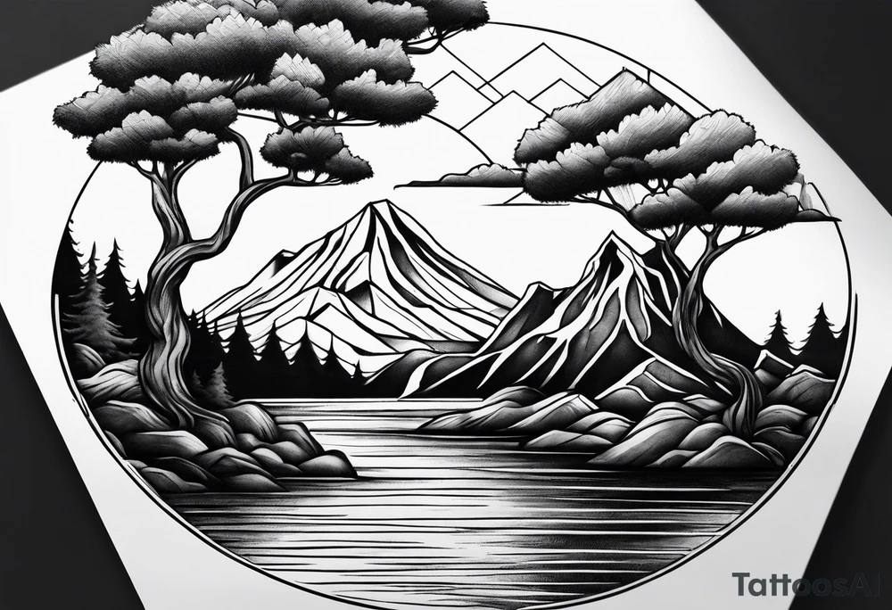 Tree mountain water tattoo idea