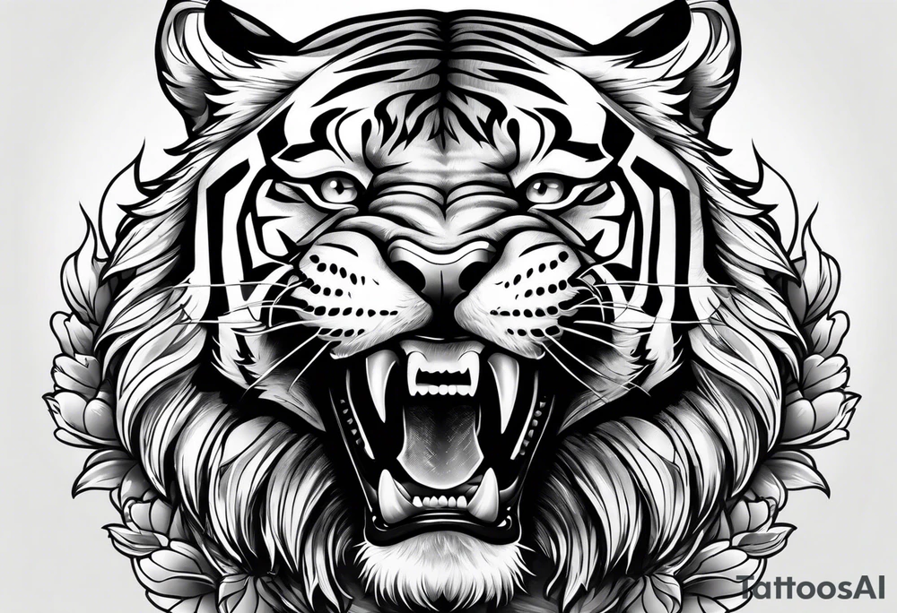 Tiger wearing crown mouth open tattoo idea