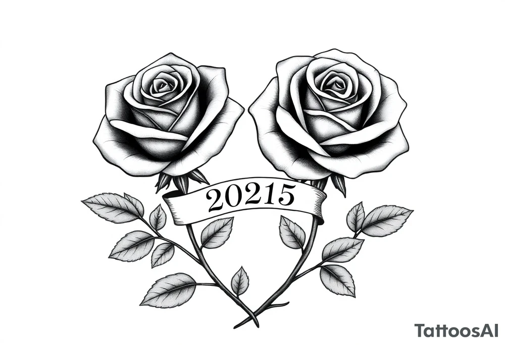 two beautiful large rose buds, one larger than the other, with many leaves next to the rose buds, with one sitting higher than the other. Include a banner connecting the two roses with "2025" on it.   Use dark outlines with little shading. The two stems should be short, not long, and connect and join into one stem, whimsically curved or twisted - not straight down. tattoo idea