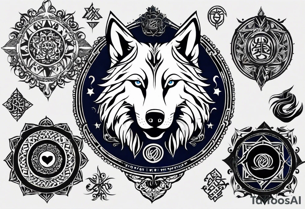 a tattoo whose main theme is balance but also resembles new begining, strong willpower, peace and loyalty. This should be for the front part of the shoulder. maybe add the ying-yang symbol somewhere in the tattoo. Tattoo should have an equal amount of blue and red along with the overall tattoo being black. In corporate a wolf into the tattoo, make sure it resembles ing and yang. wolf needs to look dangerous tattoo idea