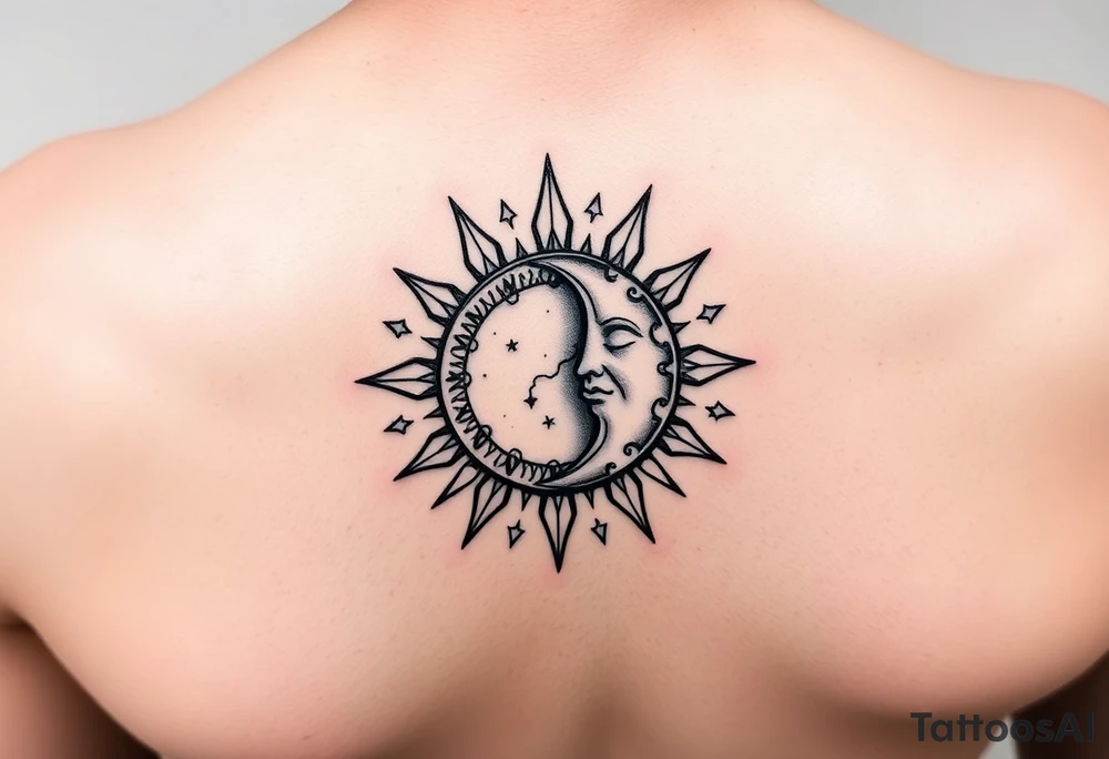 celestial sun and moon embrace with constellation patterns on forearm tattoo idea
