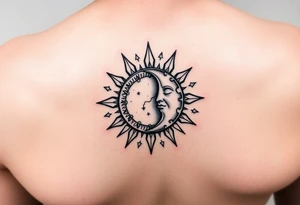 celestial sun and moon embrace with constellation patterns on forearm tattoo idea