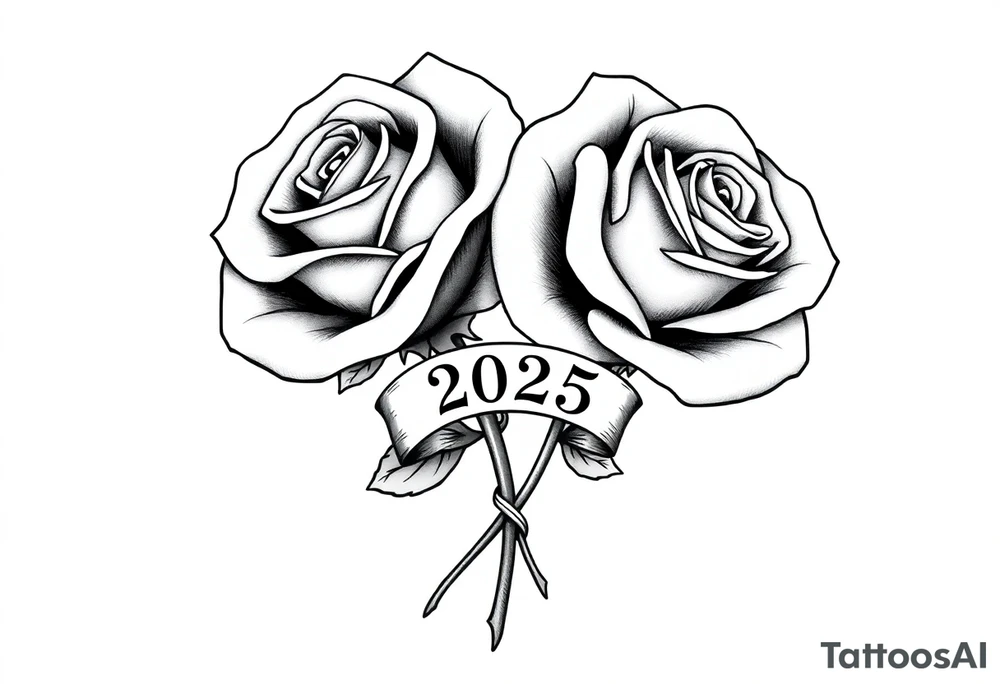 two big beautiful roses with their stems intertwined, with a small banner with the year "2025" on it with "薔薇" written under the year, tying them together. tattoo idea