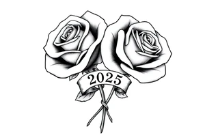 two big beautiful roses with their stems intertwined, with a small banner with the year "2025" on it with "薔薇" written under the year, tying them together. tattoo idea