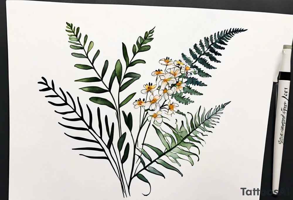 wild flowers long stems bouquet with ferns all watercolor tattoo idea