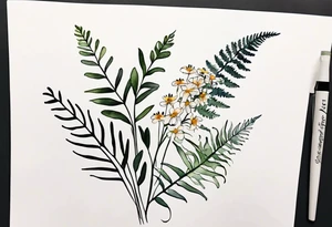 wild flowers long stems bouquet with ferns all watercolor tattoo idea