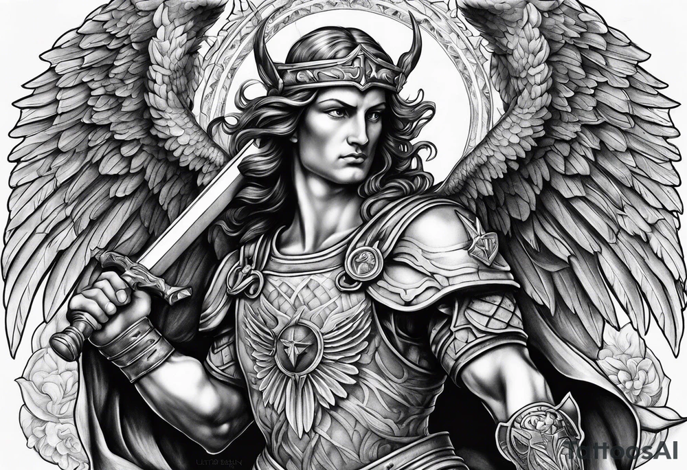 Arm sleeve of St Michael killing the devil tattoo idea