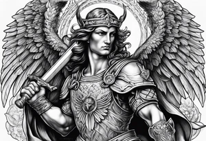 Arm sleeve of St Michael killing the devil tattoo idea