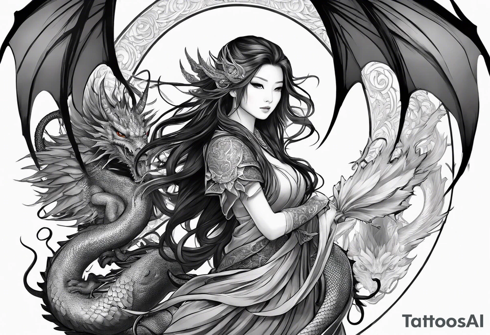 beautiful warrior nymph with dragon wings and dragon friends tattoo idea