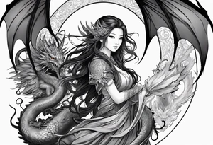 beautiful warrior nymph with dragon wings and dragon friends tattoo idea