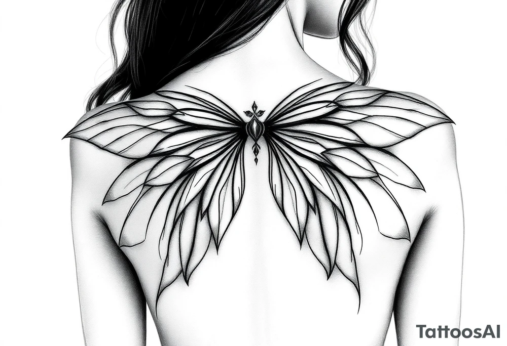 Long wispy fairy wings folded closed down full back tattoo idea
