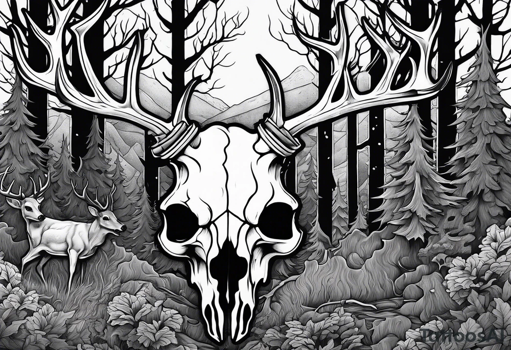 A side view of a frightening horror DECAYING deer skull JUST BONE surrounded by a forest fire in background tattoo idea