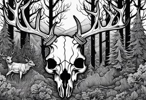 A side view of a frightening horror DECAYING deer skull JUST BONE surrounded by a forest fire in background tattoo idea