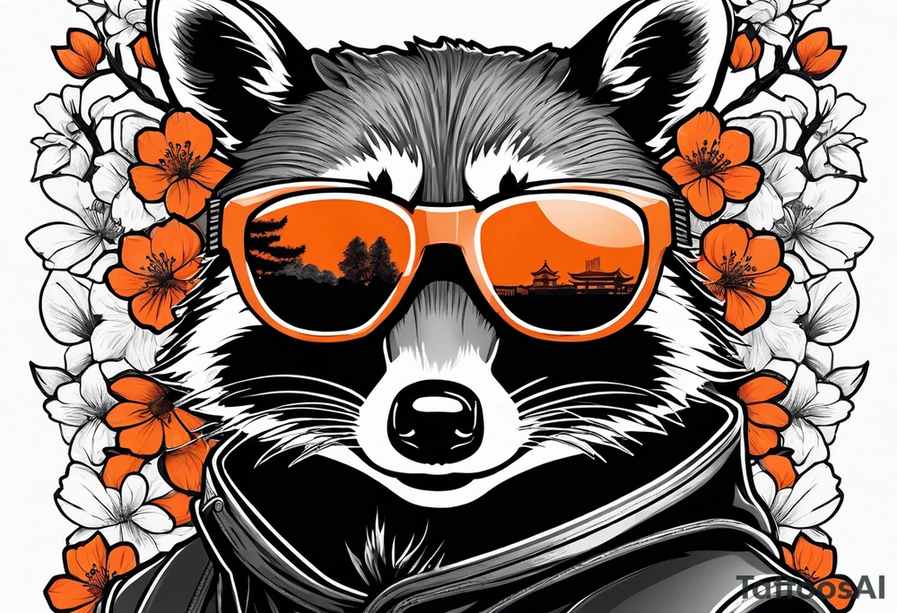 Raccoon wearing a white Superman logo on a black hoodie and orange Japanese cherry blossoms beside tattoo idea