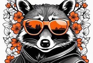 Raccoon wearing a white Superman logo on a black hoodie and orange Japanese cherry blossoms beside tattoo idea
