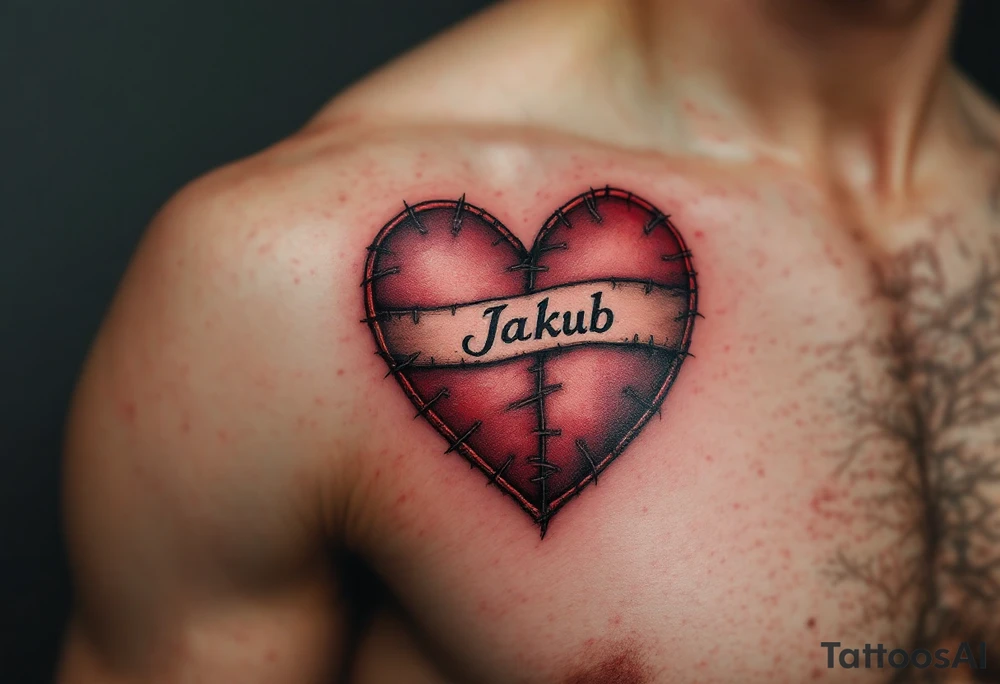A tattoo of a stitched heart in crimson with Jakub written across the seam. tattoo idea