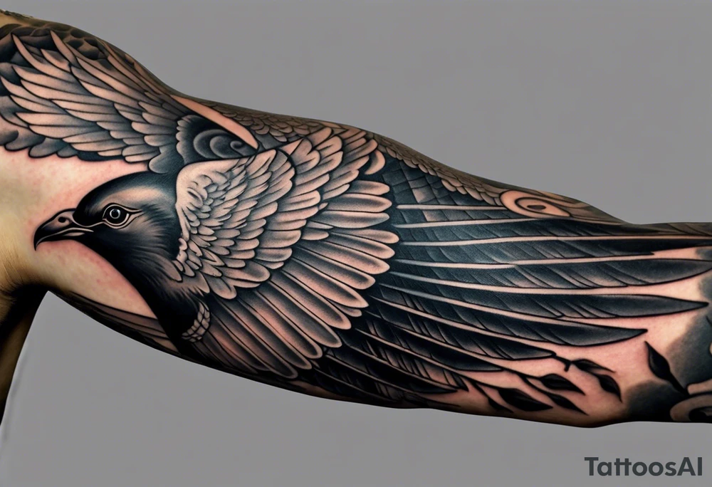A full tattoo sleeve with a strong, masculine design, featuring a central motif of a majestic dove in flight, symbolizing peace and freedom. The dove is depicted with detailed feathers and dynamic movement, making it the focal point of the sleeve. Positioned subtly yet prominently, an intricately detailed eye within an equilateral triangle is incorporated into the design, representing the all-seeing eye or third eye. This eye is carefully shaded to blend seamlessly with the overall design, providing a symbolic layer without overshadowing the dove. Surrounding these elements, incorporate roses and leaves, rendered with rich, deep shading to create a cohesive and elegant backdrop. The roses, symbolizing beauty and resilience, and the leaves, adding a touch of natural grace, weave around the dove and eye, creating a harmonious and integrated look. The design features bold shading and contrasts, enhancing the details of both the dove and the floral elements, resulting in a powerful and balanced masculine sleeve with a blend of symbolic and artistic depth. tattoo idea